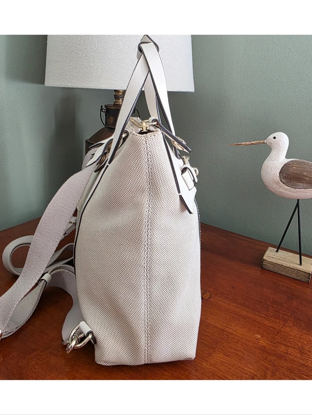 Henri Bendel Jetsetter Convertible Backpack Cream Canvas Leather Bag